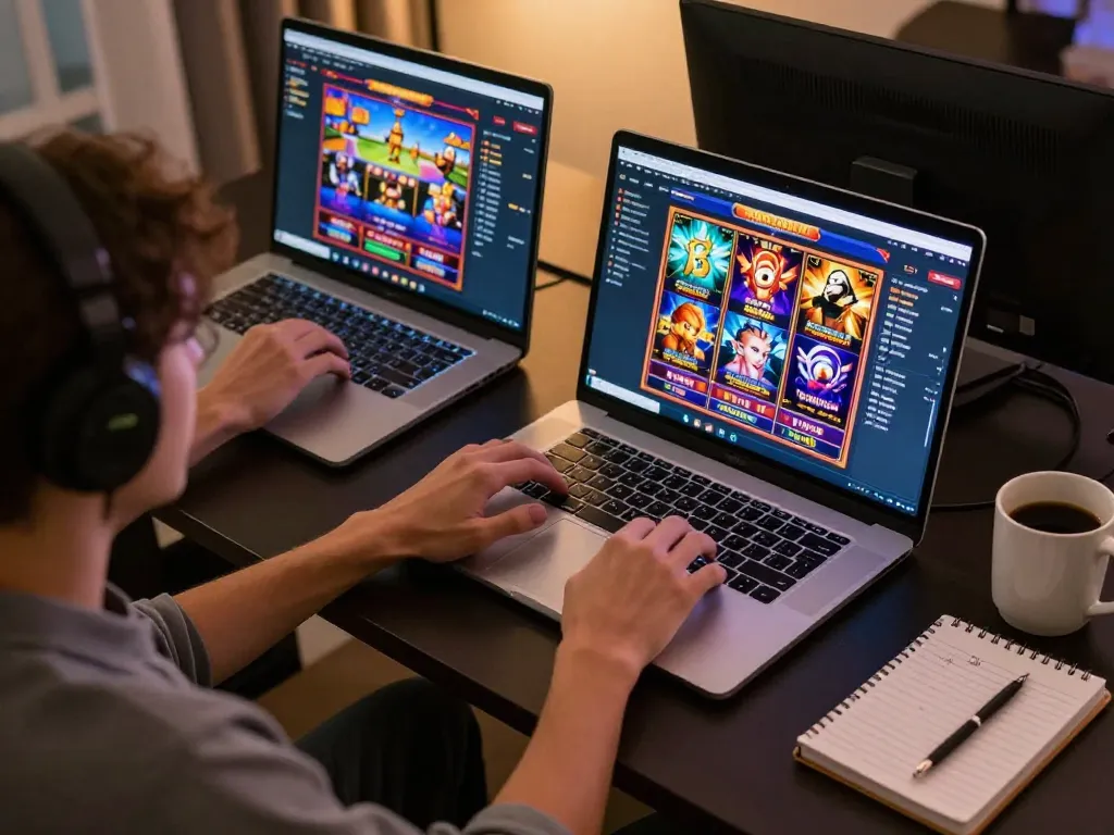 Engaging session with a player spinning slot machines online, vibrant game interfaces displayed on laptop.