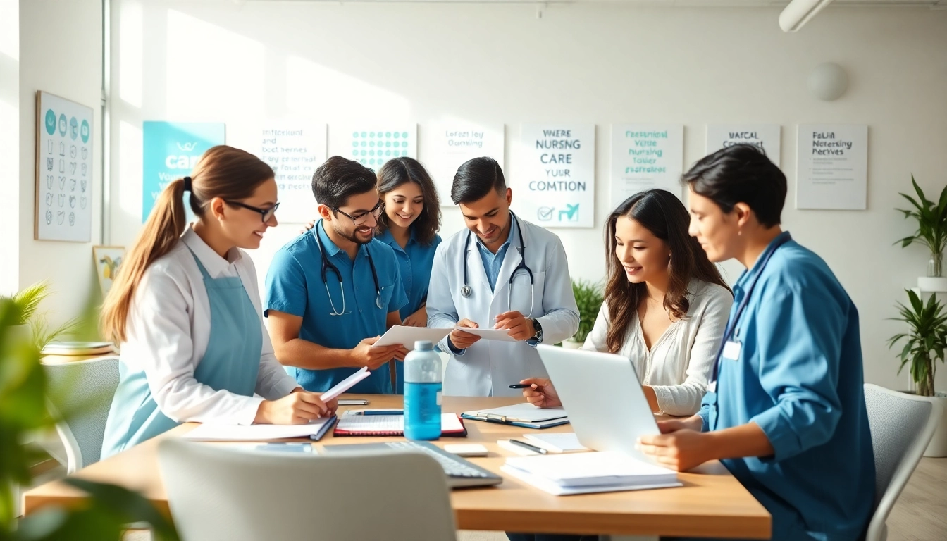 Showcasing expert nursing coursework writers collaborating on assignments in a modern office setting.