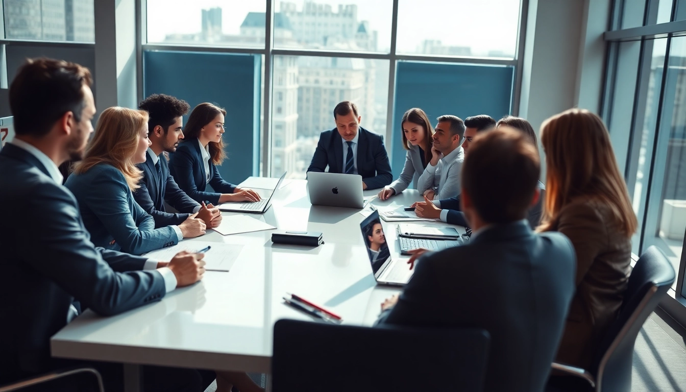 Business experts discussing Federal and State contracts pre-post award compliance in a modern office setting.