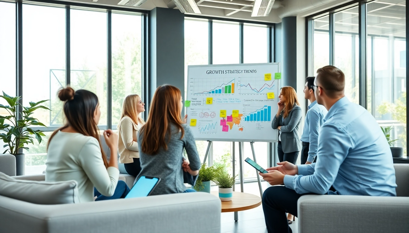 Collaborative team discussing growth strategy trends in a modern office environment.