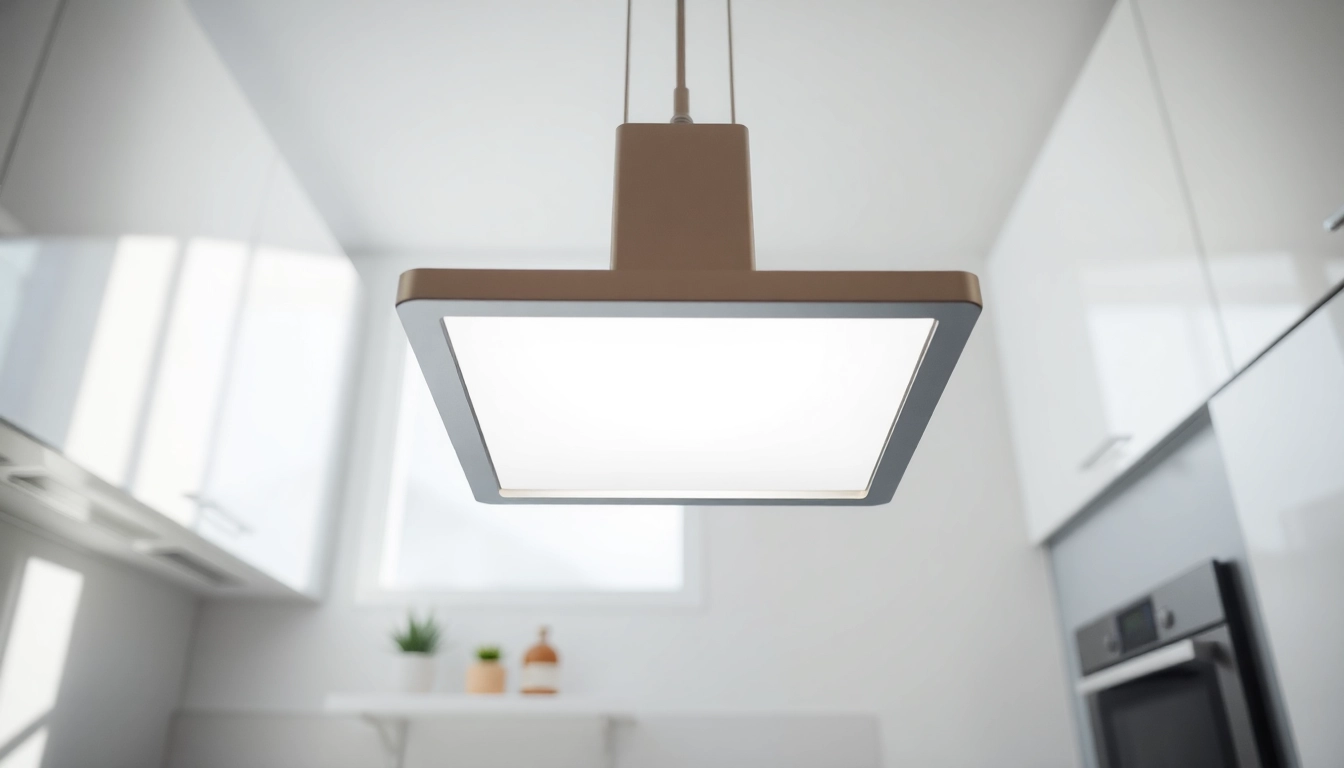 Illuminating square light fixture enhancing a contemporary kitchen's elegance.