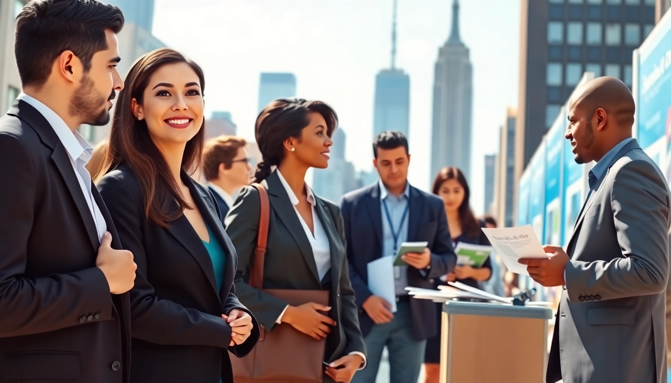 Find jobs new york with diverse job seekers networking at a vibrant fair.