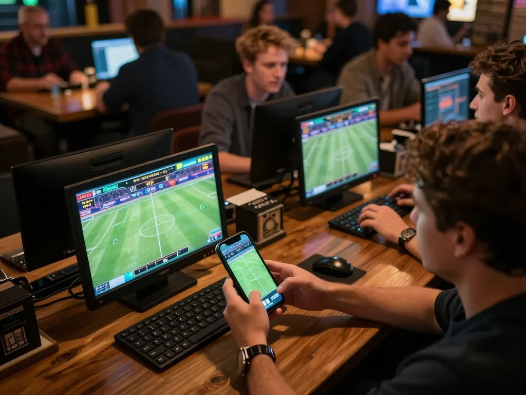 Person placing Keonhacai bets on smartphone during live football match in lively sports bar