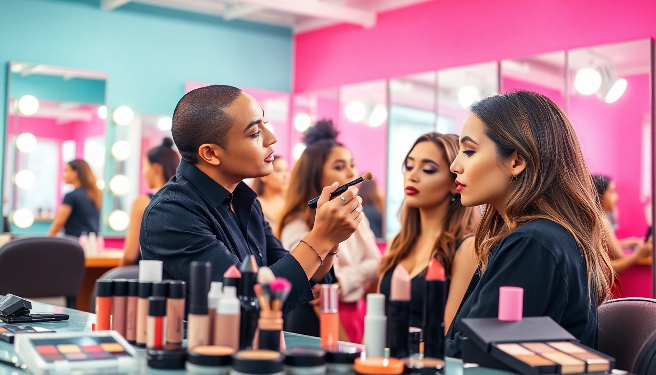 Engaged participants learning makeup courses from a skilled artist in an illuminated studio.