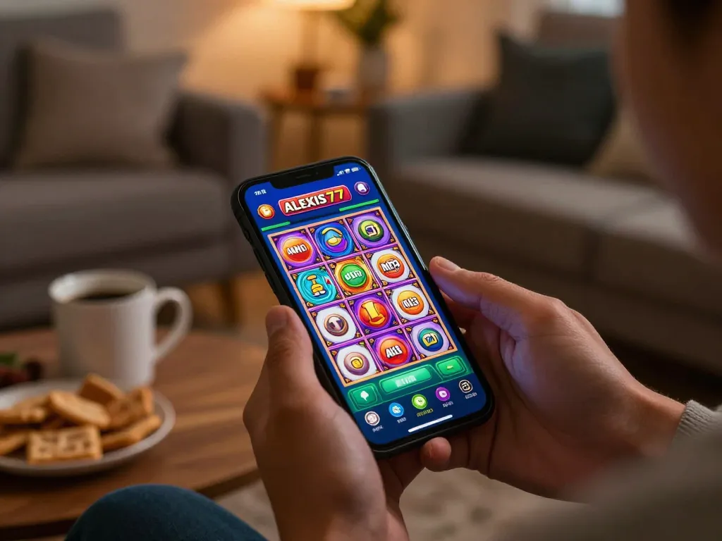 Player enjoying the alexis77 casino app on a smartphone in a cozy home setting