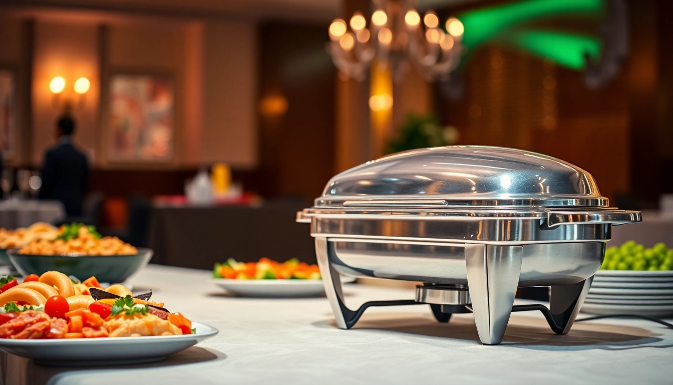 Chafing dish elegantly set on a buffet table with warm lighting and vibrant food.