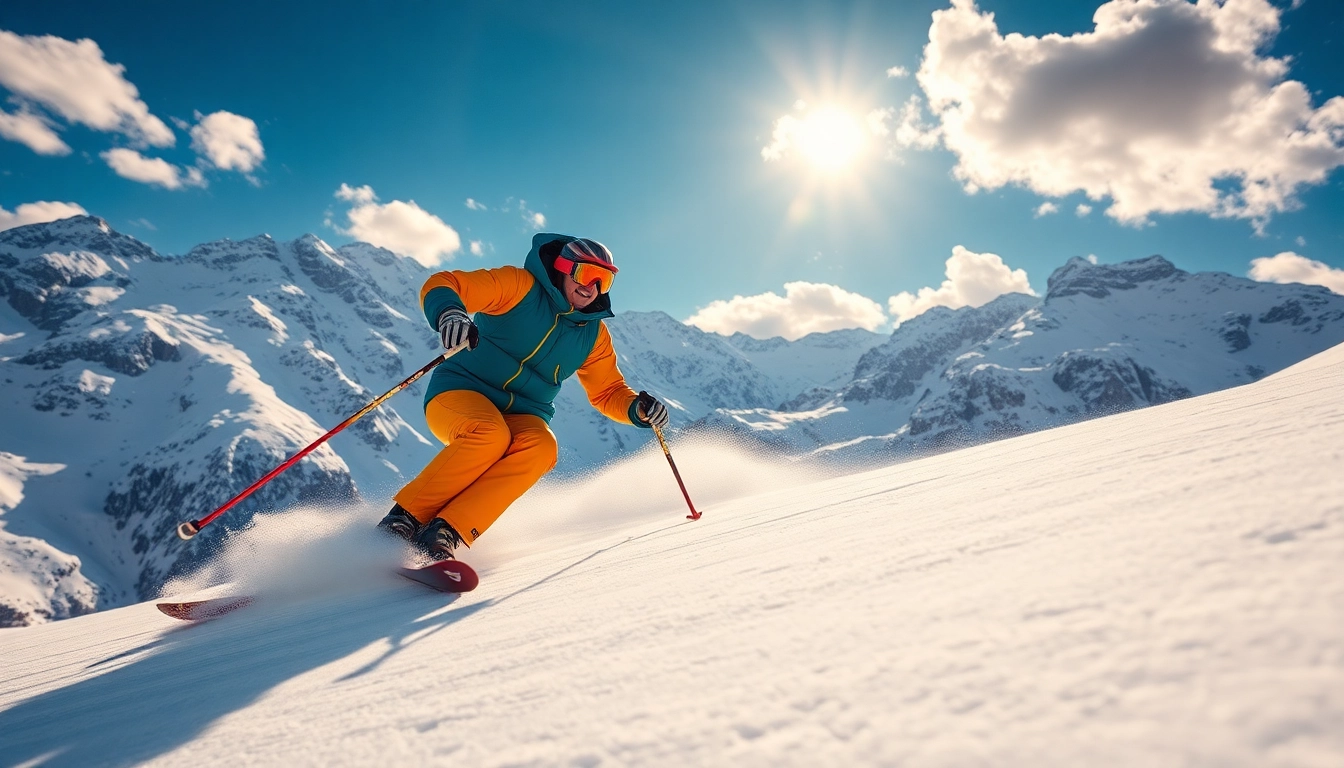 Experience end-of-season ski clearance with a professional skier showcasing vibrant gear against a snowy mountain backdrop.