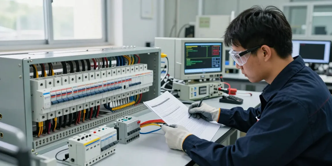 Detail-oriented technician inspecting an air circuit breaker in a high-tech lab setting, showcasing low-voltage electrical components.