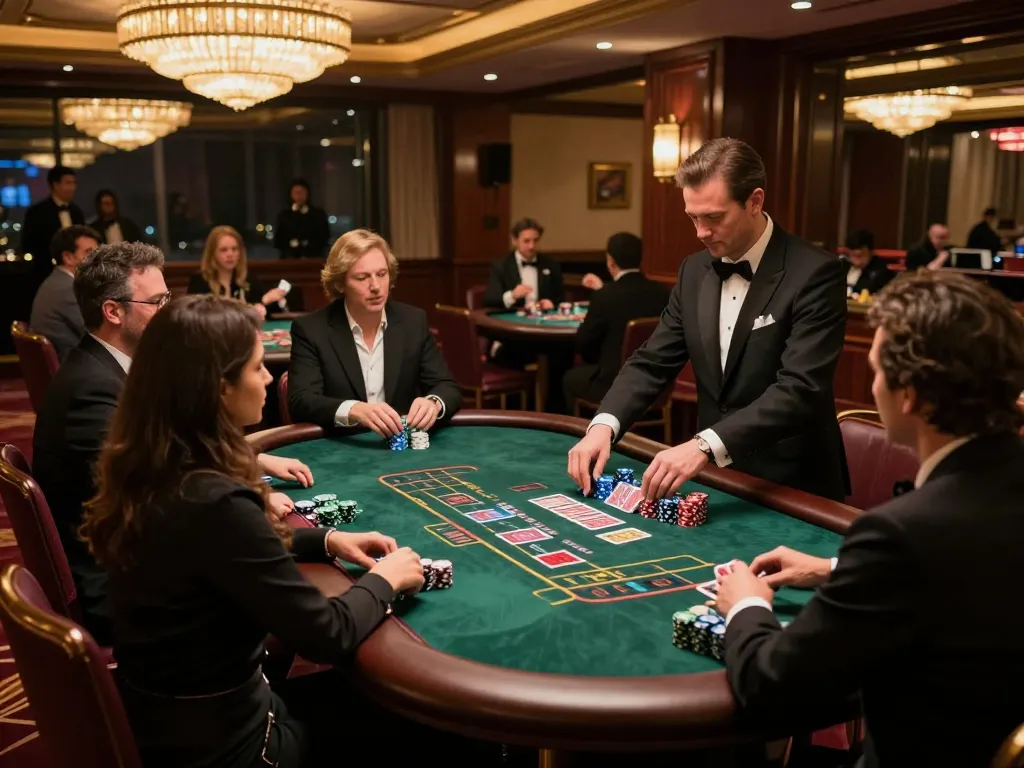 Players engage in strategic gameplay at Manclub's luxurious blackjack table, illuminated by elegant chandelier lighting.