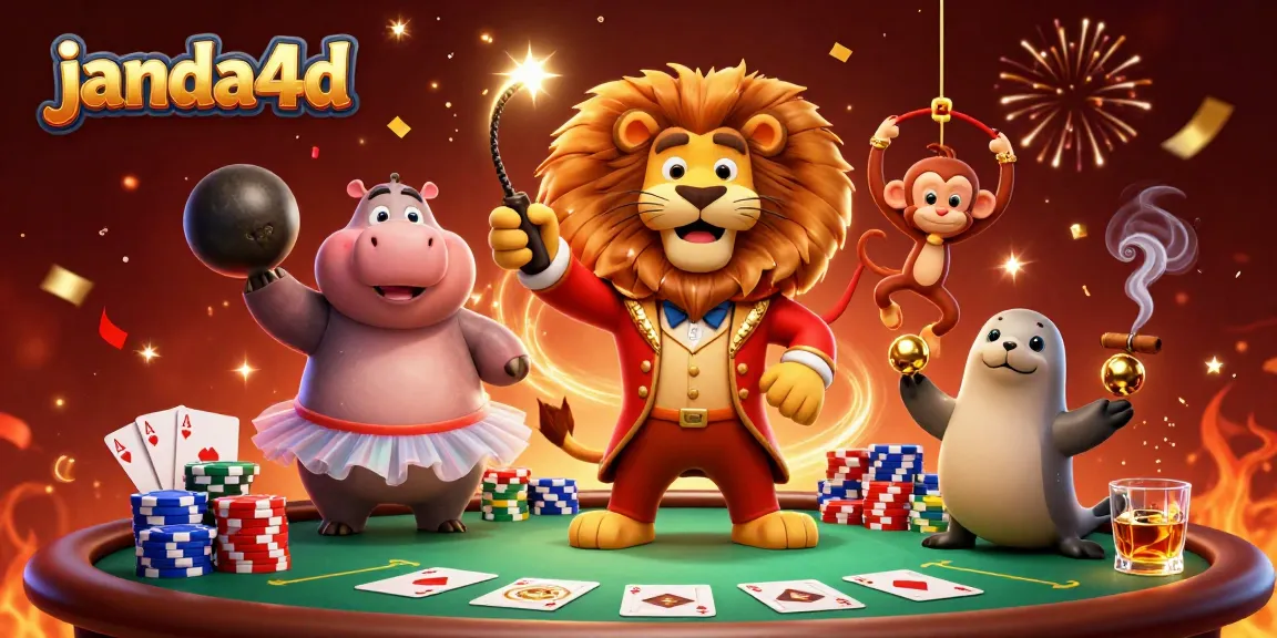 Janda4D menampilkan pengalaman gaming dengan singa ringmaster dan elemen kasino menarik.