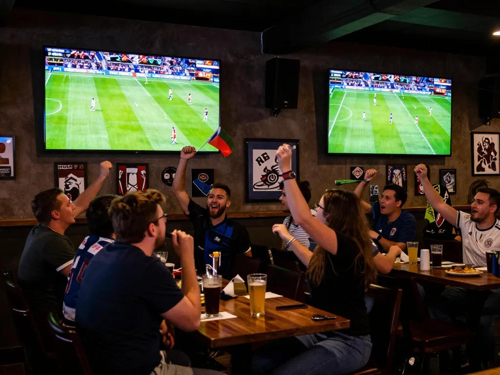 Experience exciting live football matches with Trực tiếp bóng đá CakhiaTV in a vibrant sports bar atmosphere