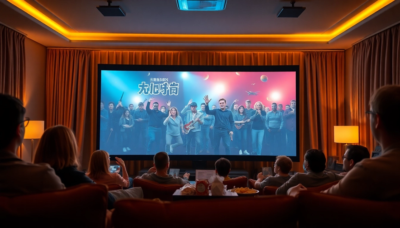 Viewers enjoying a หนังออนไลน์ movie in a cozy home theater setup with warm lighting.