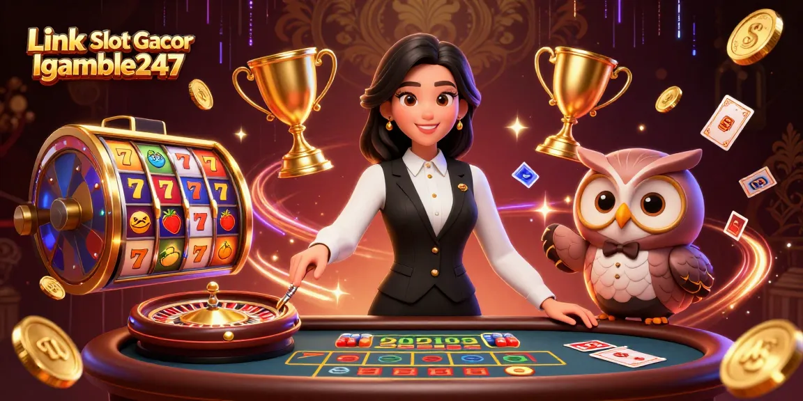 Spin the reels at Link Slot Gacor Igamble247, featuring dealers and slot symbols in a vibrant scene.