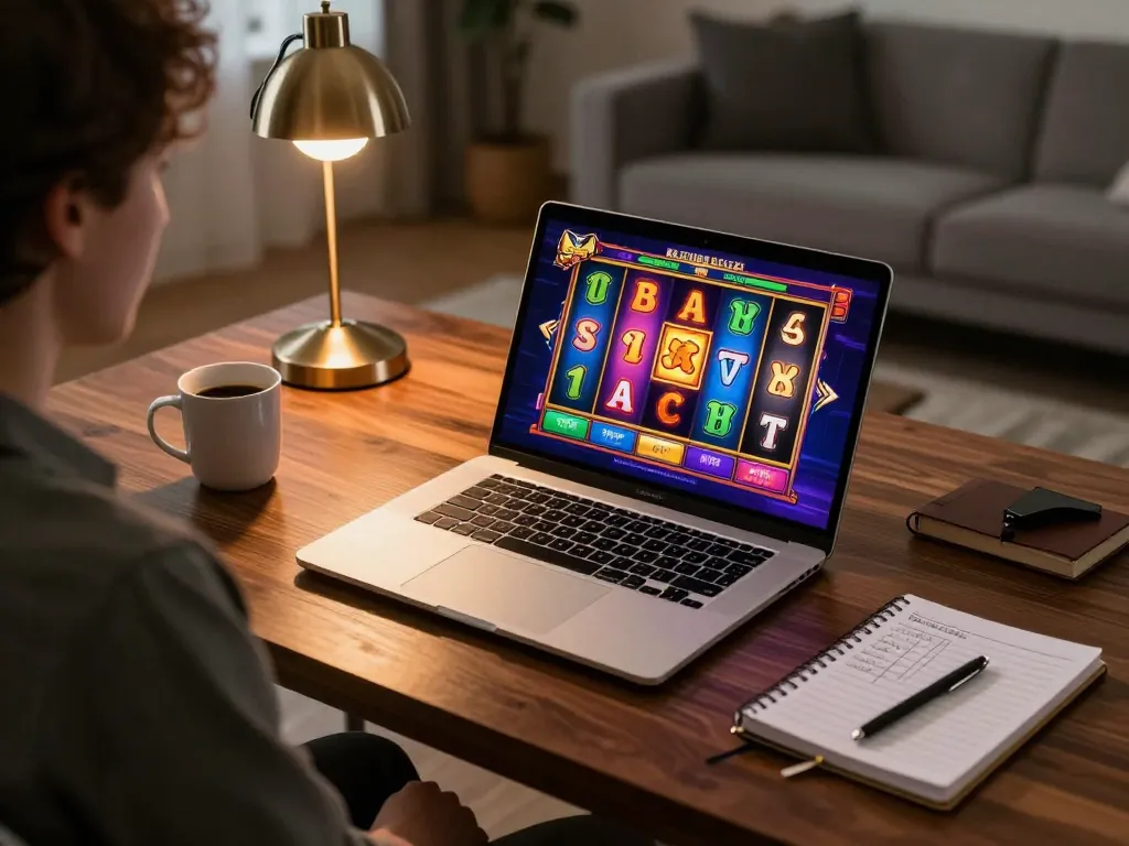 Engaging in slot deposit 2rb gaming on a laptop in a stylish home setup