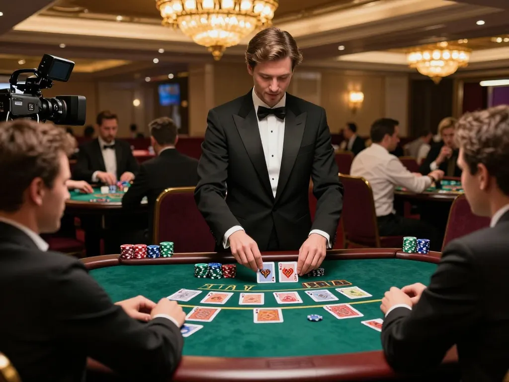 The excitement of playing blackjack at 388bet with a professional dealer amidst a luxurious casino atmosphere.