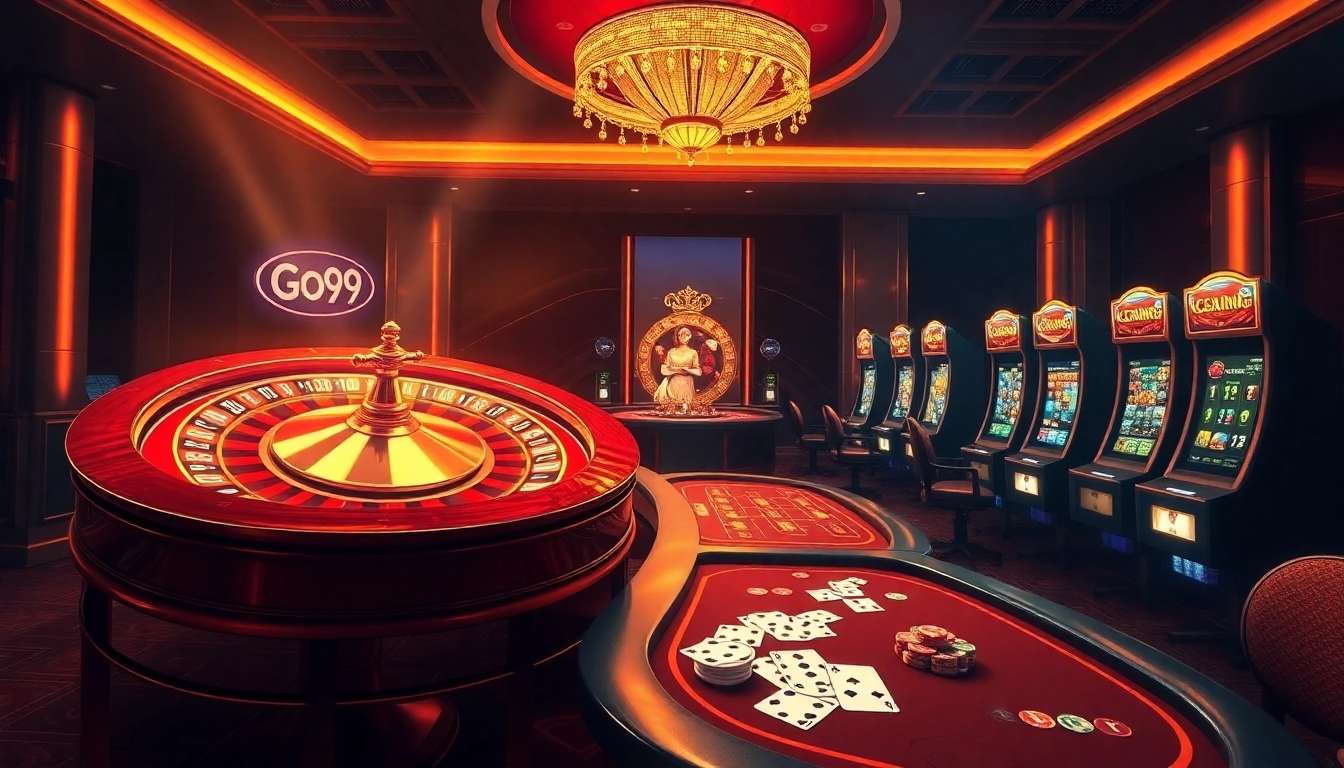 Experience thrilling gaming at Trang chủ Go99 with vibrant poker tables and spinning roulette.
