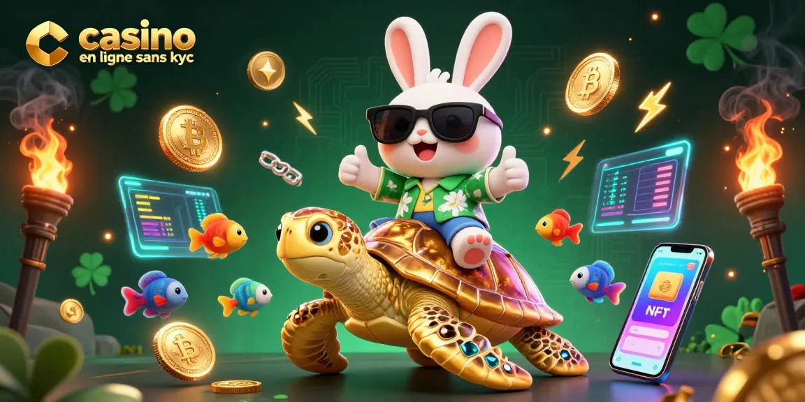 Jouez au casino en ligne sans kyc avec ce charmant lapin chanceux et une tortue dorée, entourés de pièces de crypto-monnaie.