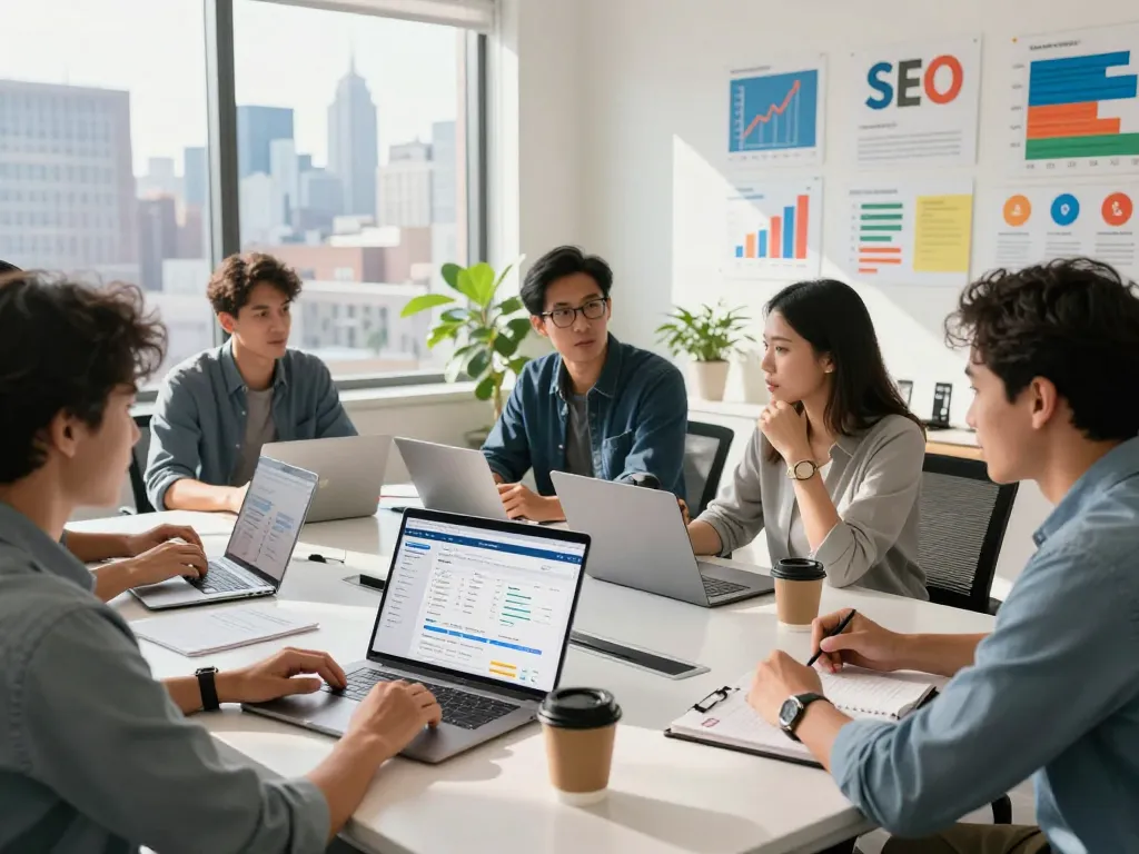 Team of SEO experts collaborating in a bright New York City office, showcasing New York SEO Services in action.