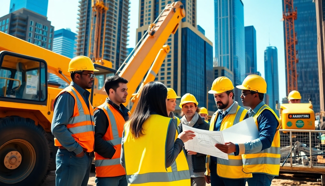 Manhattan Commercial General Contractor team collaborating on construction plans at a vibrant site.