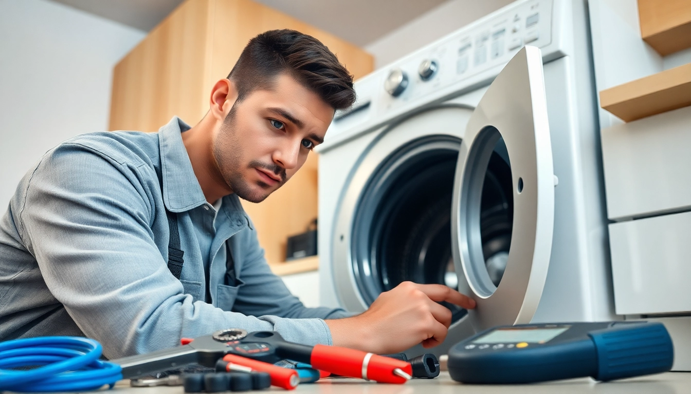 Skilled technician performing appliance repair near me on a washing machine with professional tools.