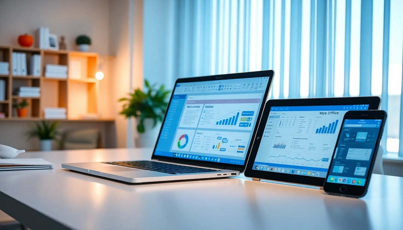 WPS下载 interface displayed on multiple devices in a bright workspace