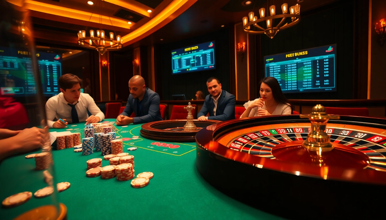 Experience thrilling gaming at Jeetbuzz with an engaging casino scene filled with poker and roulette excitement.