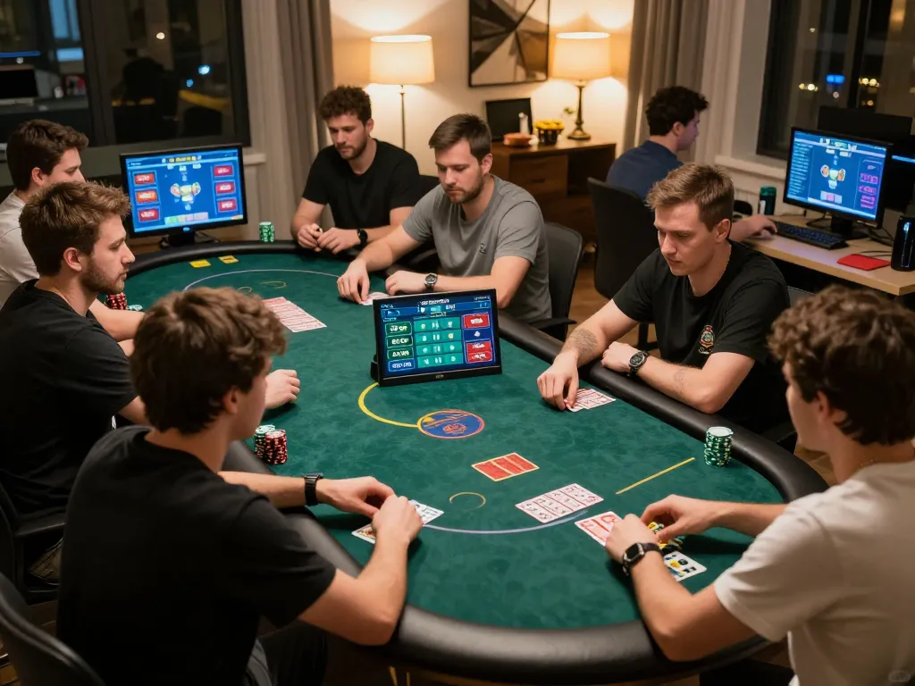 View of players in an online poker game, highlighting giường bệnh nhân as part of a home strategy scene, competitive atmosphere
