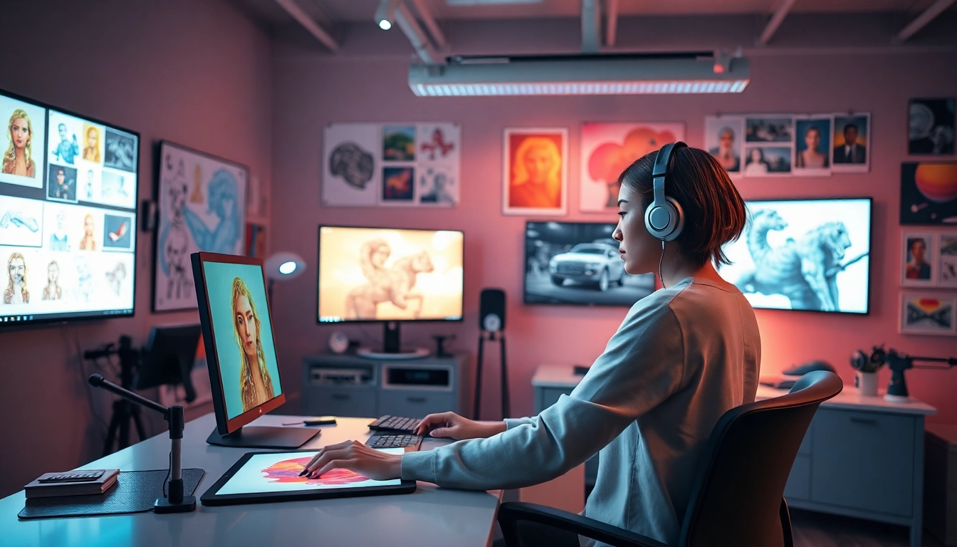 Generate precise AI prompts with our image to prompt tool in a vibrant digital studio.