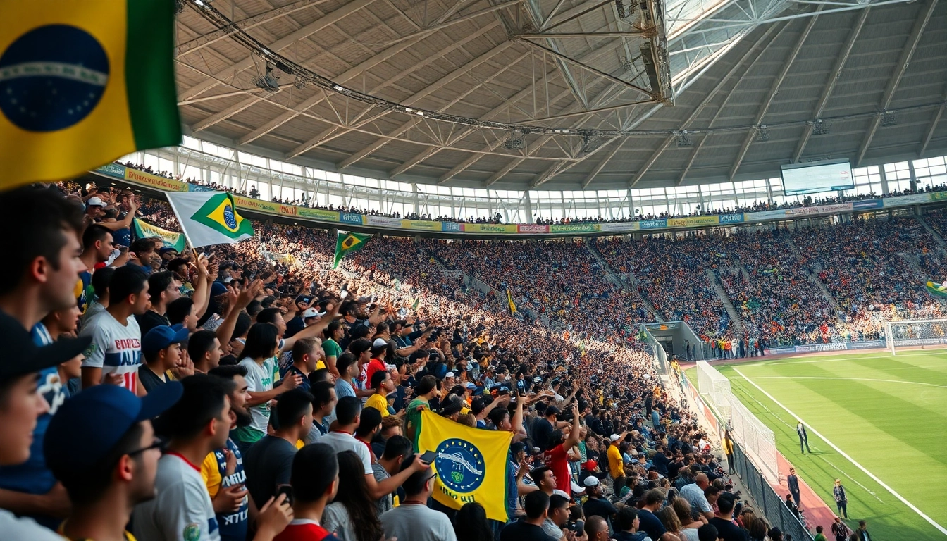 Engaged fans enjoying sports betting in Brazil at a lively sports event.