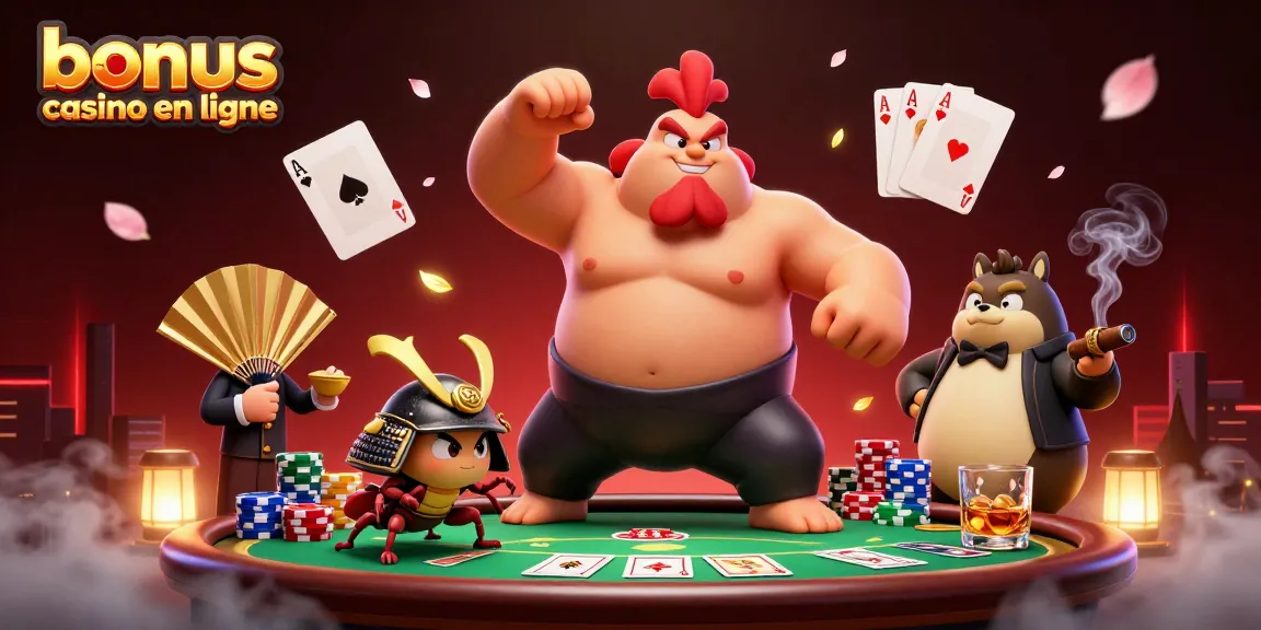Bonus casino en ligne adapté, où un puissant coq sumo interagit avec un criquet samouraï dans un cadre dynamique et coloré.