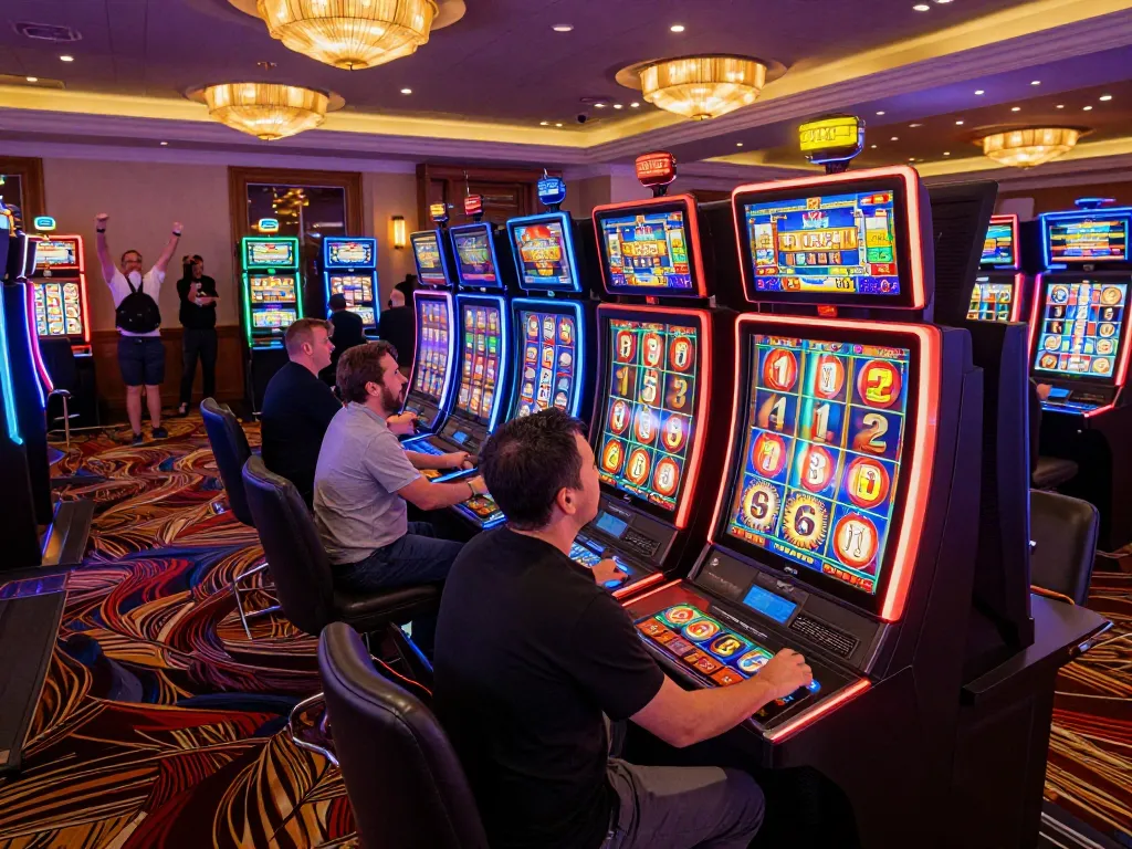 Excited players celebrating a jackpot win while playing giường bệnh nhân themed slot machines in a lively casino atmosphere