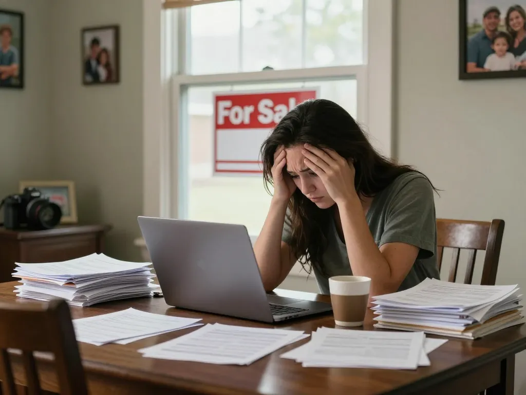 Desperate homeowner searching options to sell my home urgently amidst paperwork and bills.