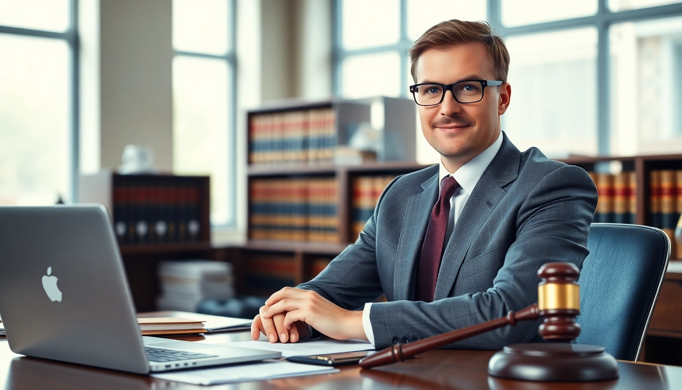 Eminent domain lawyer consulting clients confidently in a professional law office.