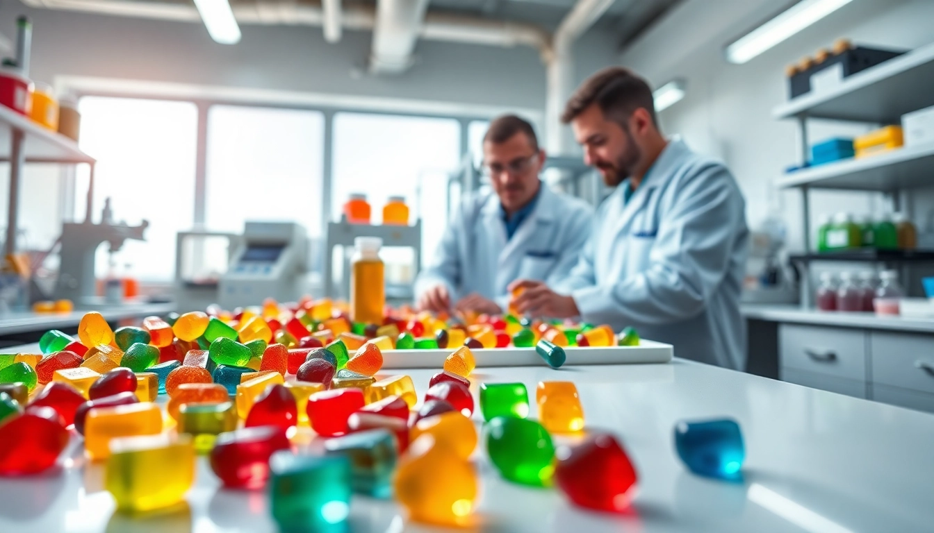 Gummy supplement manufacture in a lab, highlighting colorful gummies and scientists at work.