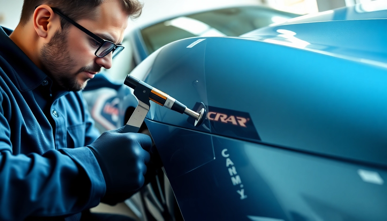 Top Clear Bra installer meticulously applying protective film on a sports car to enhance its finish.