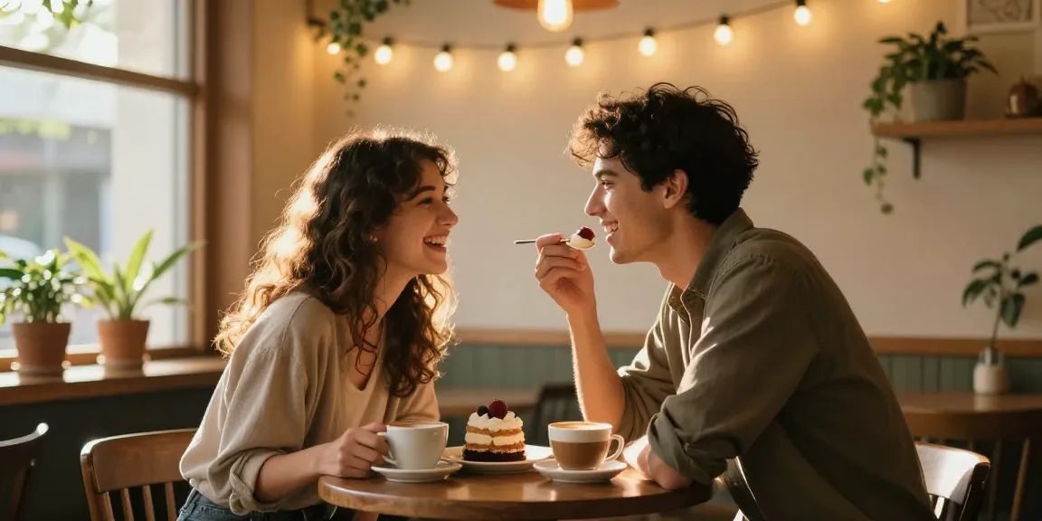 A couple enjoying coffee and dessert at a café, sharing a crush on each other in a cozy atmosphere.