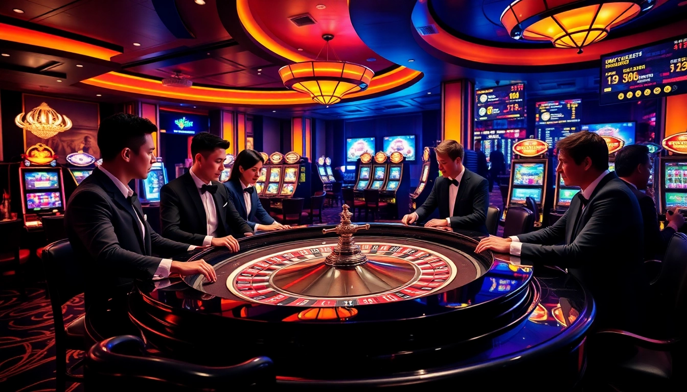 Engaging sbobet action at a luxurious casino with roulette and high-stakes poker games.