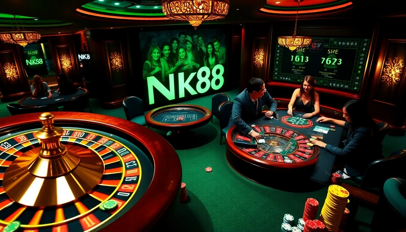 Experience the thrill of NK88 at an upscale casino table with vibrant chips and intense players.