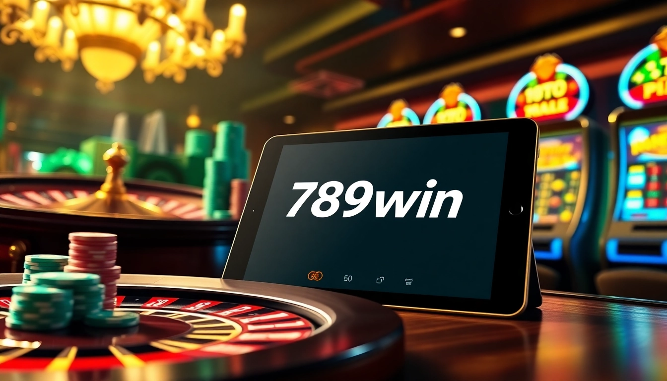 Experience real excitement with the 789win app interface amidst vibrant casino visuals.