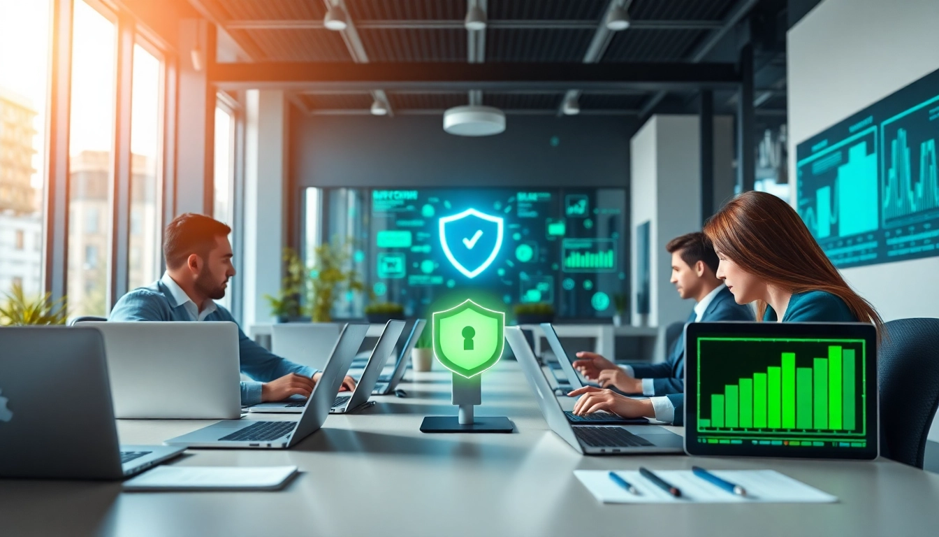 快连 VPN 展示现代工作空间中的高级安全性，专业人士连接设备。