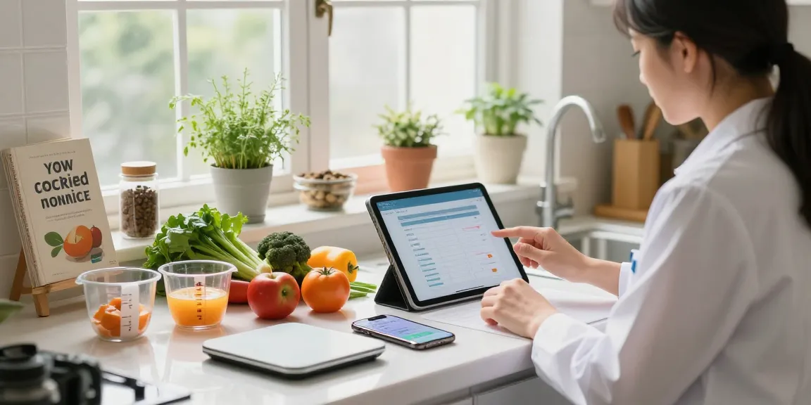 The nutritionist using the best AI calorie tracker in a bright kitchen to analyze meal data.