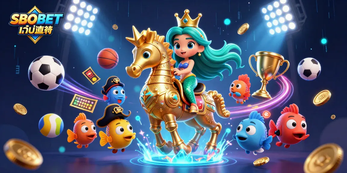 Experience SBOBET เว็บตรง with vibrant 3D mermaid and seahorse, sports elements in action-packed artwork.