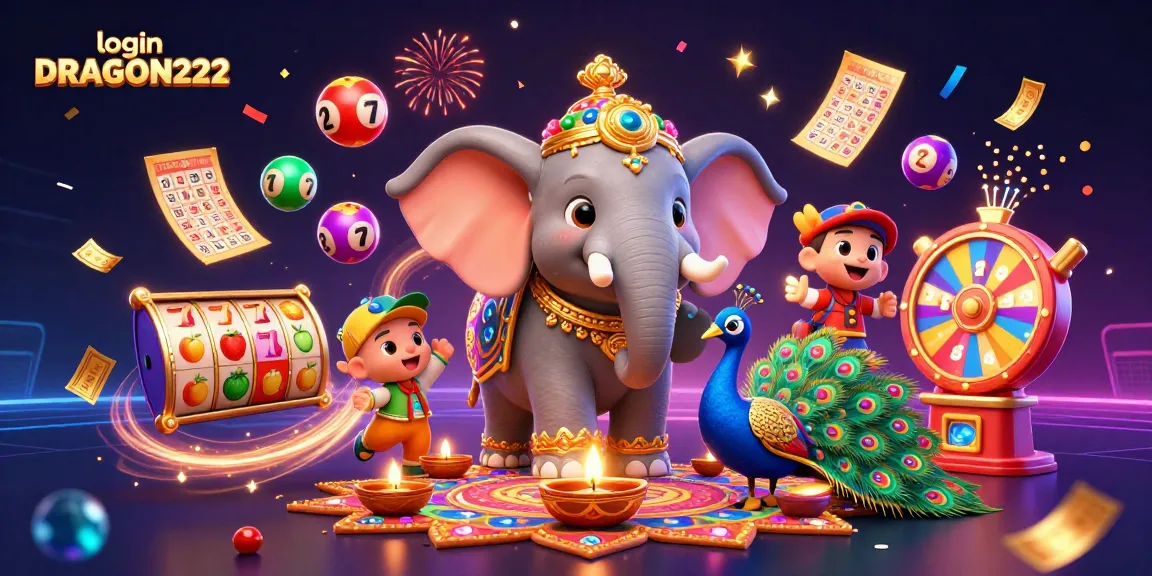 Spin and win with login DRAGON222, a colorful casino illustration showcasing dynamic slot reels and festive elements.