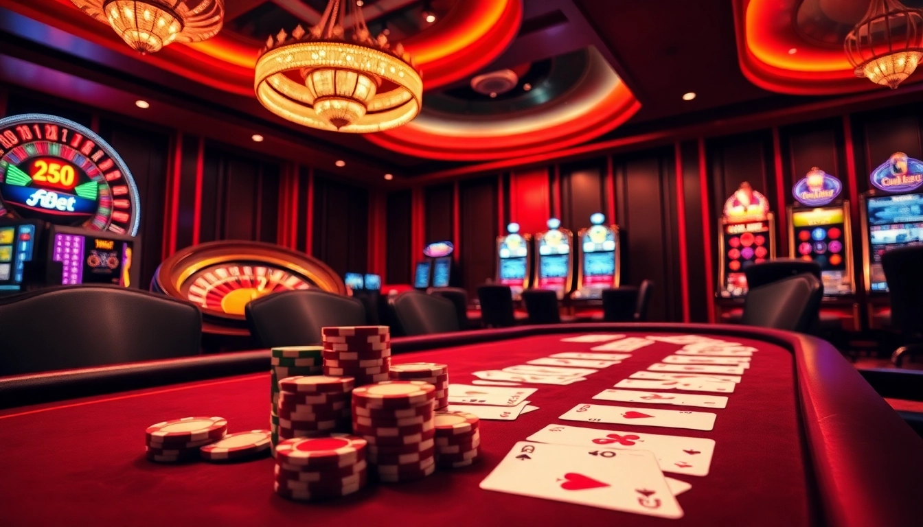 Engaging players at an f8bet poker table in a luxurious casino setting with vibrant neon lights.
