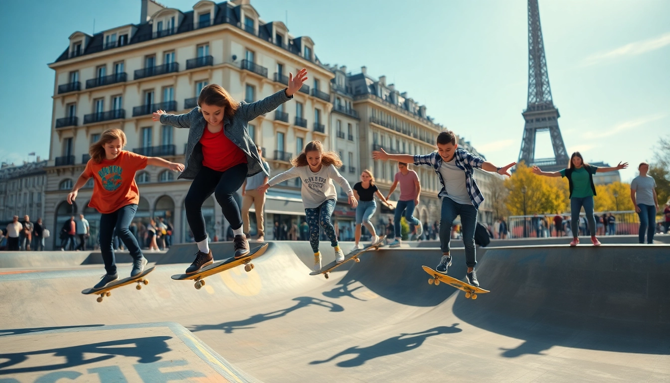 Practicing skateboard classes in Paris with vibrant, energetic atmosphere at urban skatepark.