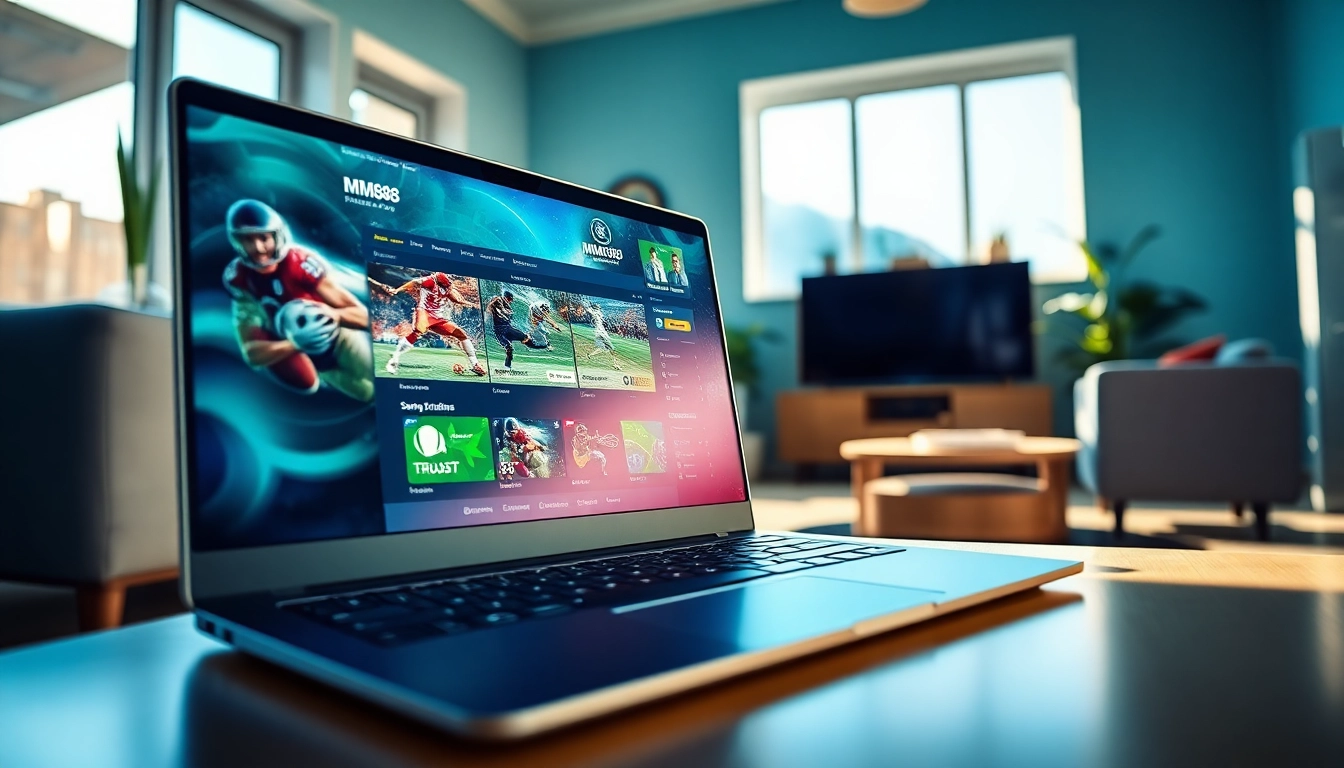 Navigate the MM88 sports betting platform on a sleek laptop in a vibrant, modern setting.