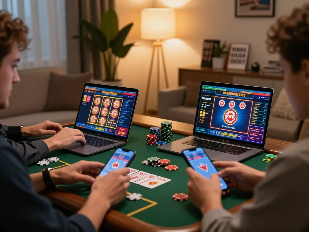 Players enjoying online casinos Canada in a cozy living room setting, engaged in strategic gameplay.