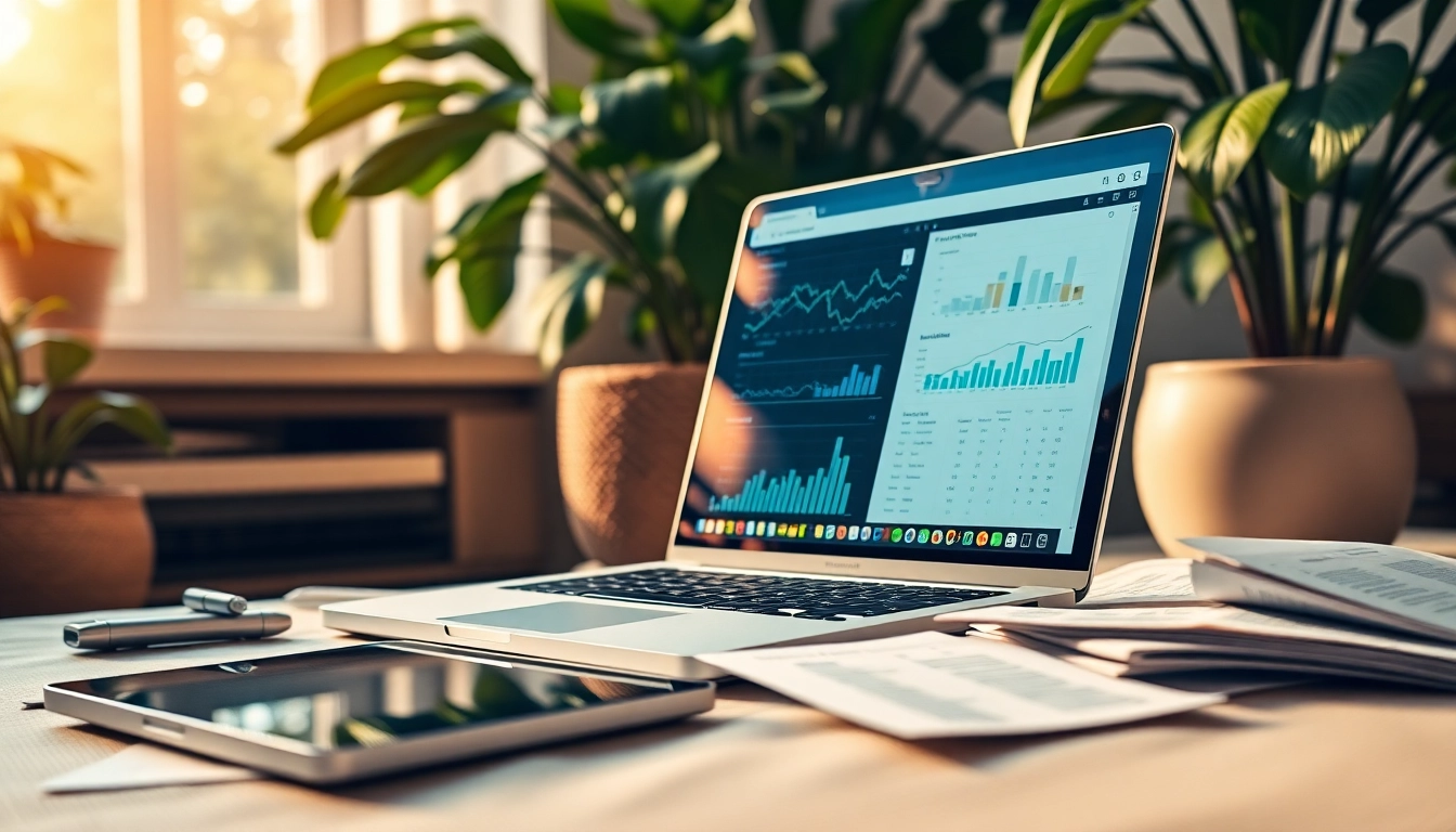 Analyze data using AI for competitor analysis in a modern workspace with a laptop and documents.