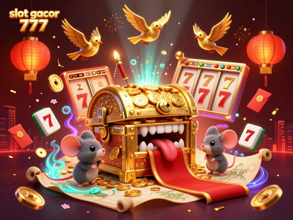Experience the excitement of slot gacor 777 with vibrant 3D visuals of treasures and symbols.