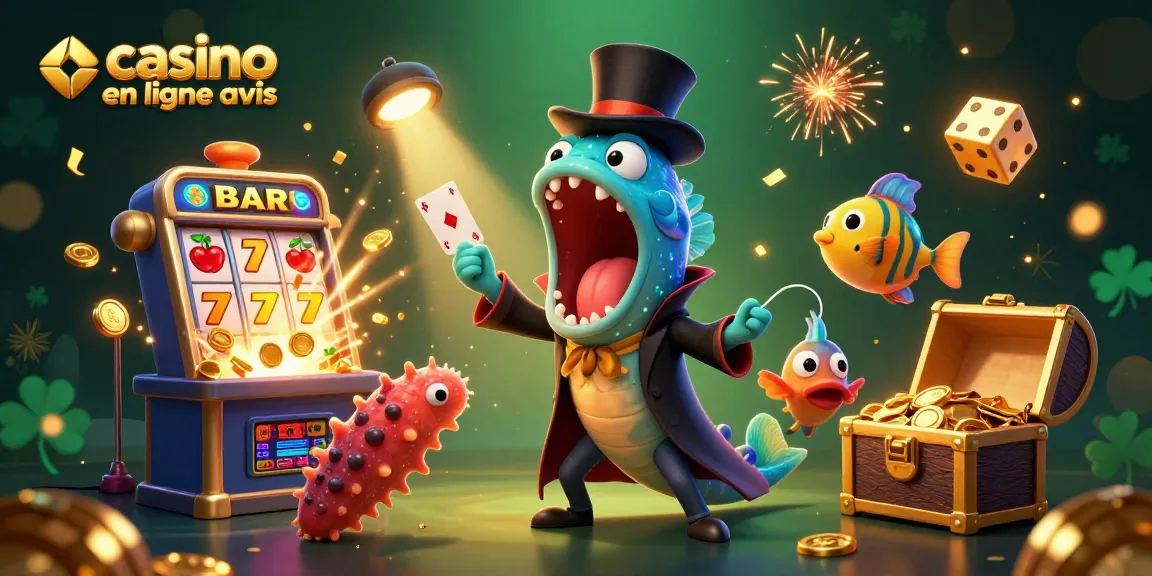 Illustration dynamique d'un avis de casino en ligne mettant en scène des créatures marines et des éléments de jeu, colorée et captivante.